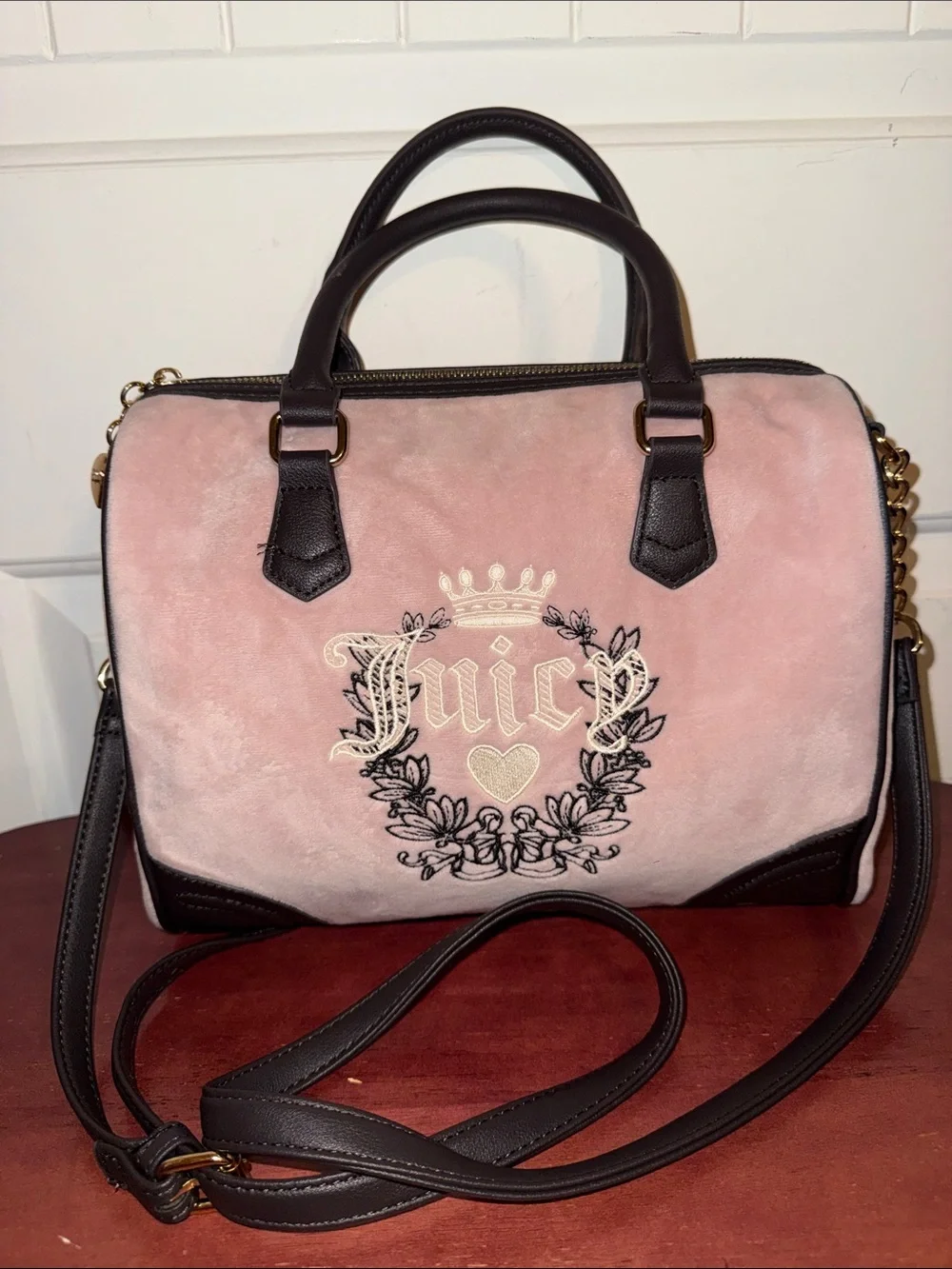 Juicy Couture Pink Suede Satchel with Dark Brown Trim & Gold Hardware